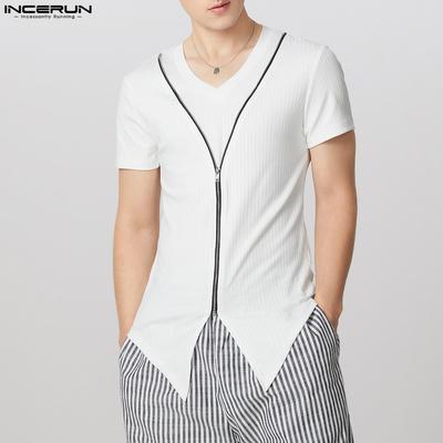 Camisetas Casuais de Verão Masculinas com Decote V, Manga Curta, Barra Dividida e Zíper