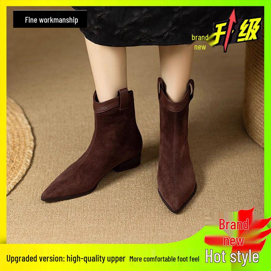 Women's Suede Retro Western Chunky Heel Ankle Boots - Soft Leather Pointed Toe Chelsea Style