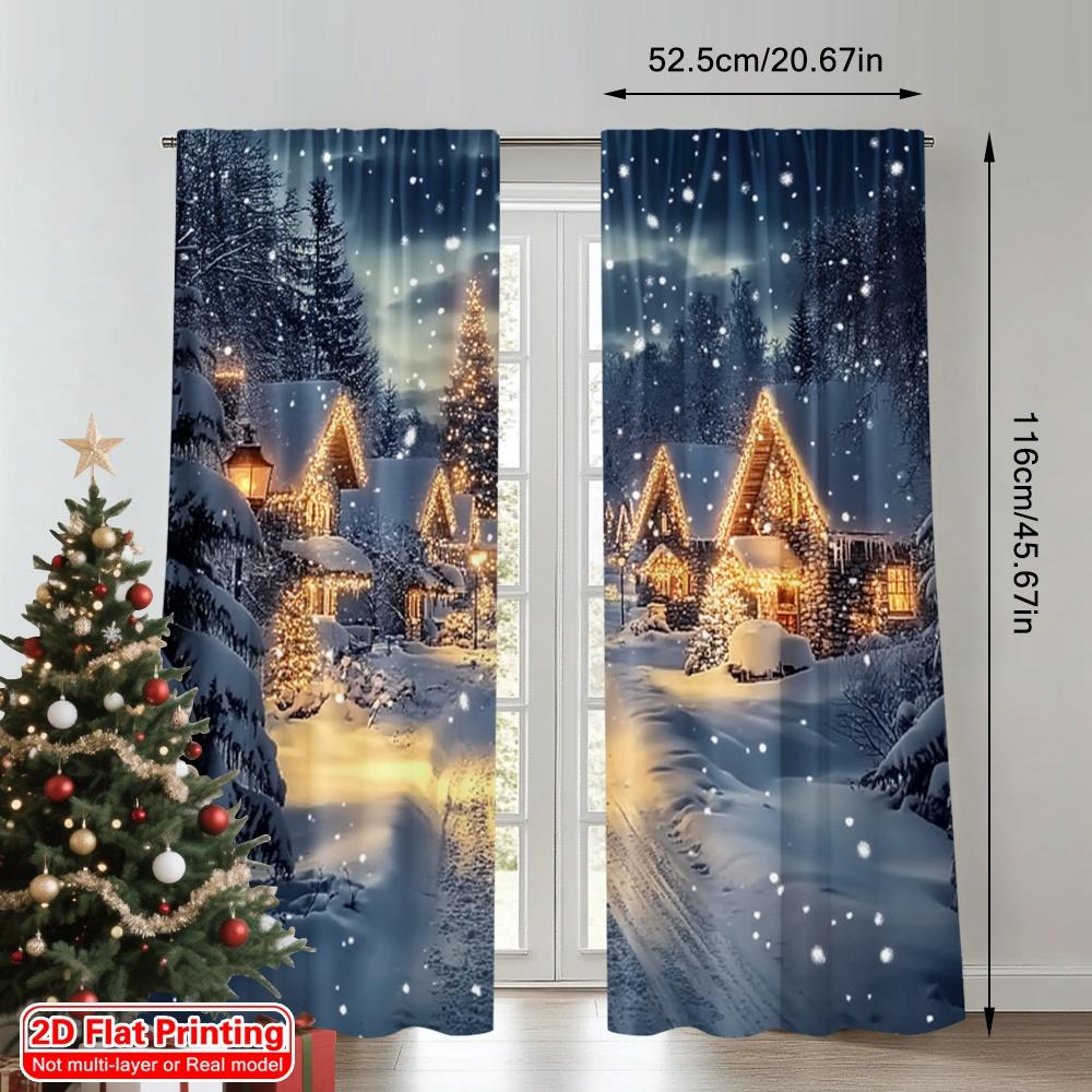 Set Of 2 Flat Printing Merry Christmas Popular Window Curtains Snow Scene Polyester Fabric Without Electricity Birthday Curtain