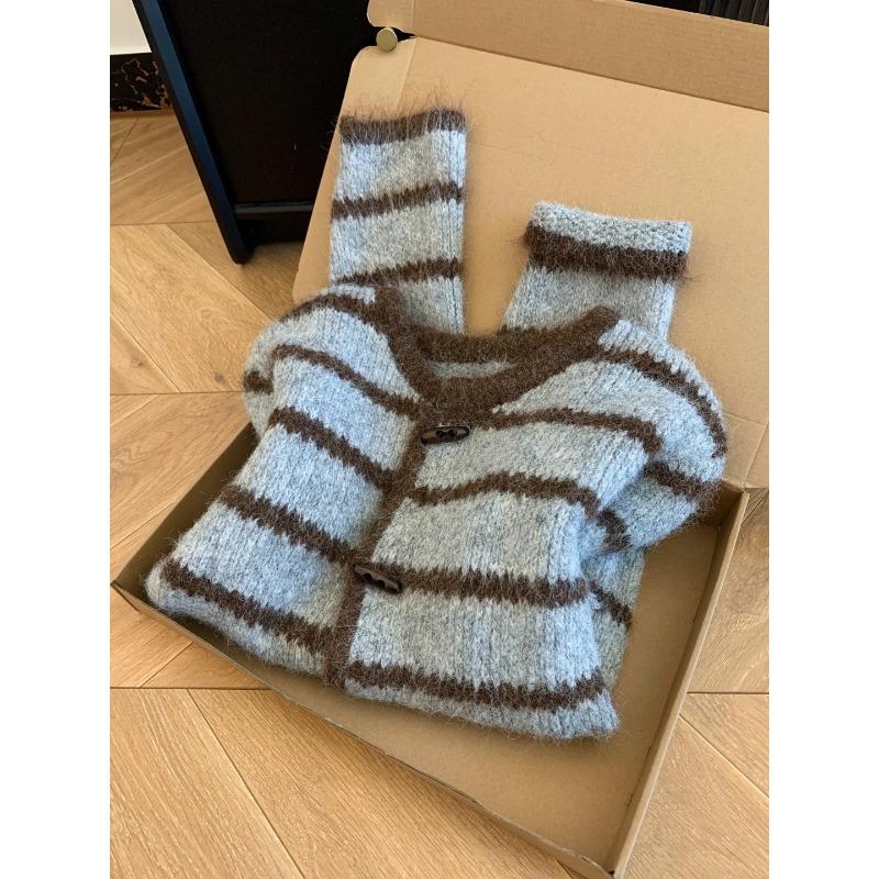 

Wear a lazy style retro striped horn button sweater jacket women s high-end loose and versatile knitted sweater One Size