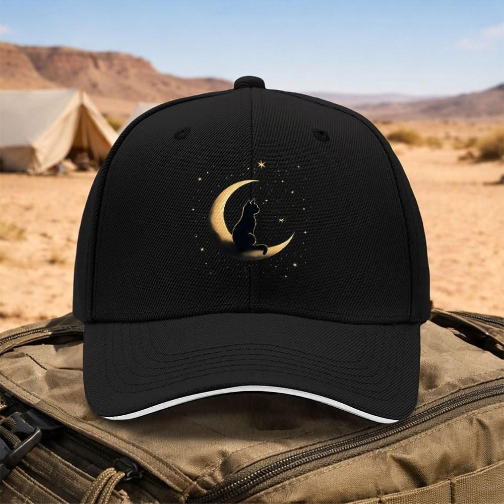 Black Cat Sitting On Moon With Stars Baseball Cap Unisex Adjustable Outdoor Curved Brim Hat