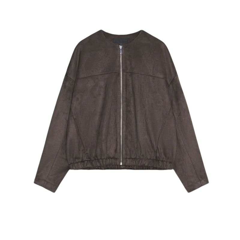 

Fall New Women s Clothing Minimalist Style Long Sleeves round Neck Zipper Suede Effect Jacket Outwear 6318256 CHOCOLATE L