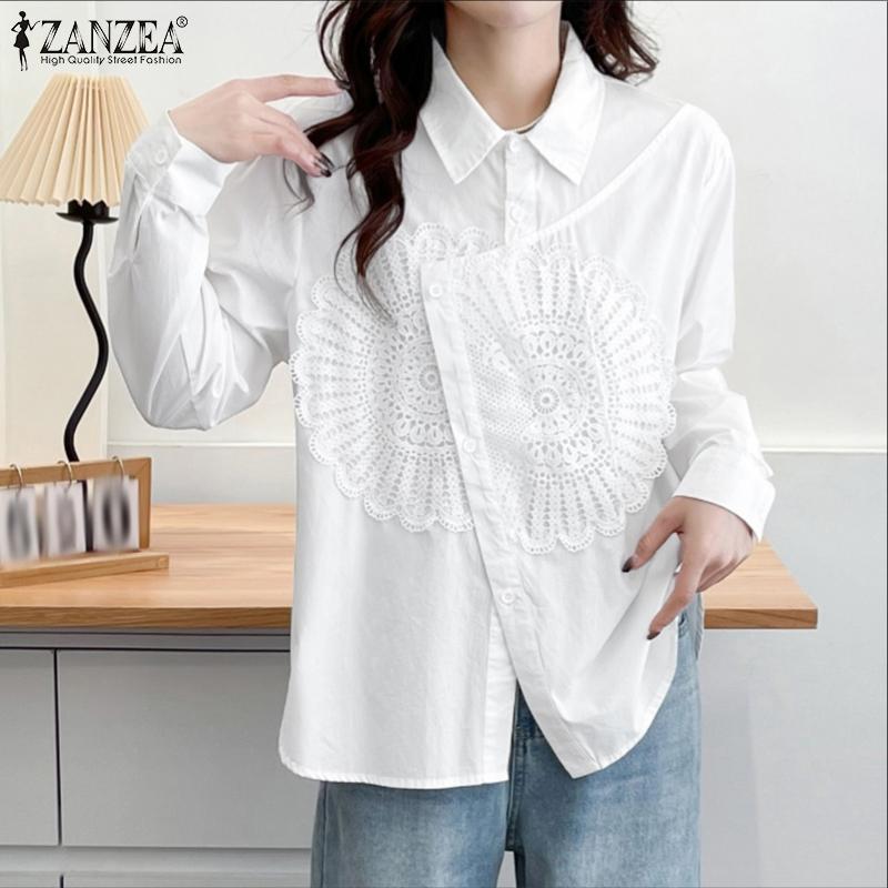 ZANZEA Women Casual Turn Down Collar Long Sleeve Lace Patchwork Blouse
