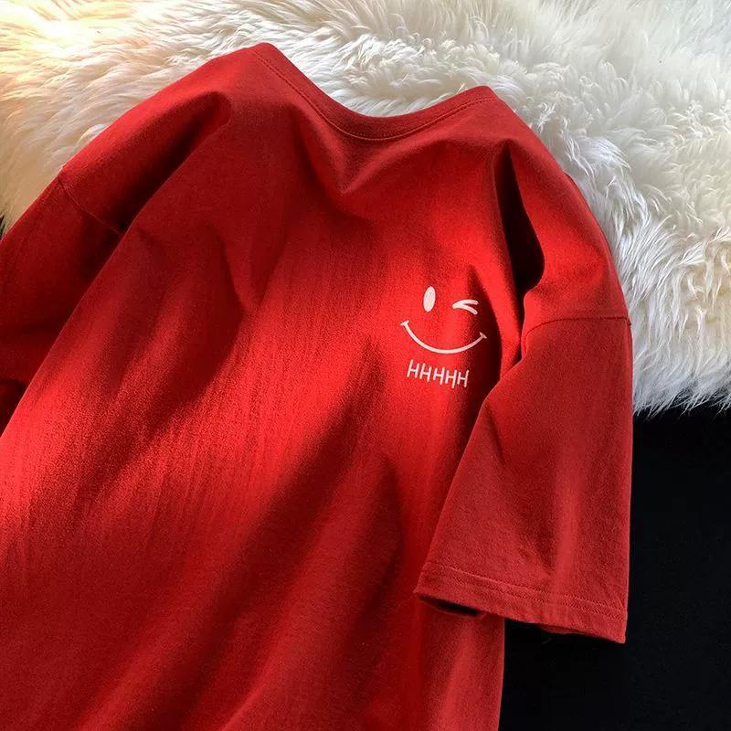 Camiseta de Verão de Manga Curta Masculina Solta Cor Sólida Estampada Manga Curta