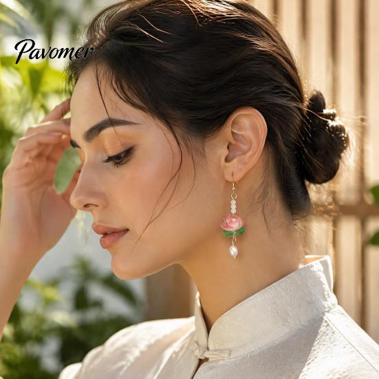 Dangle Pearl Earrings 1 Pair Lotus Flower for Women, Vintage 3D Pink Chinese Style Jewelry Drop Earring, Faux Crystal Floral Hanfu Cosplay Accessories