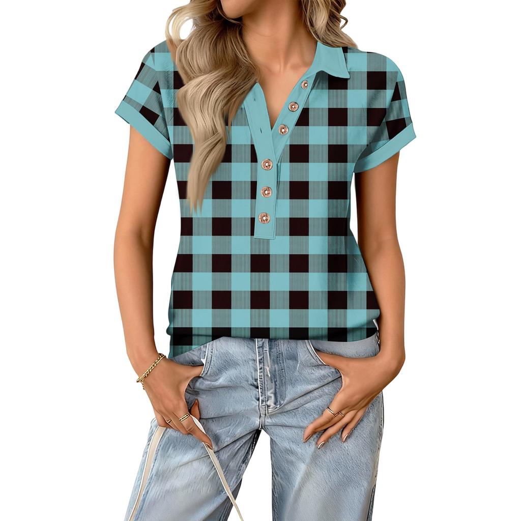 Women's Fashionable and Casual Summer V,neck Patchwork Short,sleeved Plaid Print Top