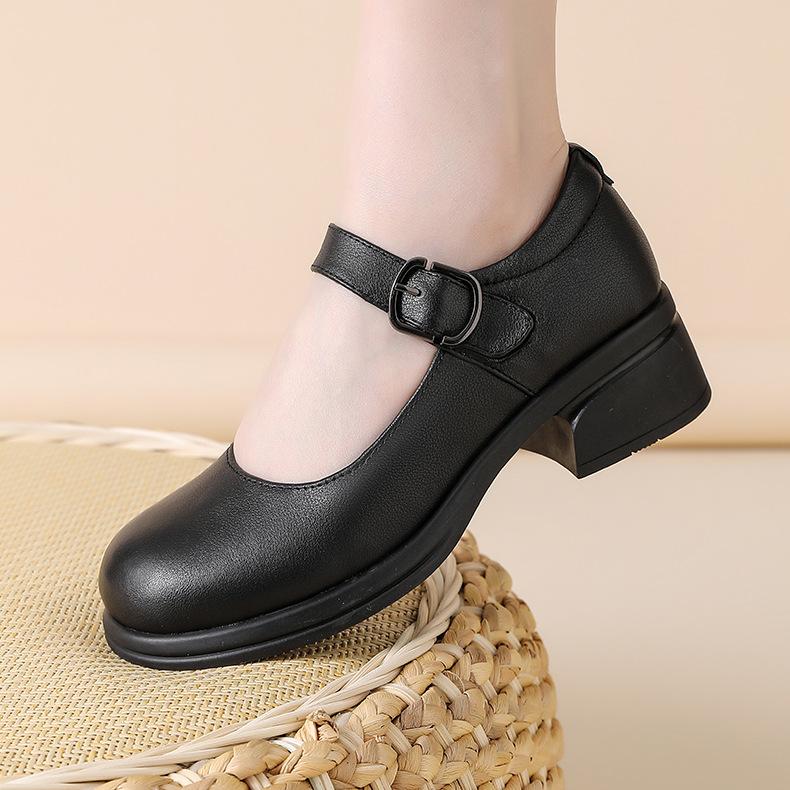New Spring Single Shoes Soft Leather Work Shoes Shallow Mouth Mother Shoes One-button Mid-heel Small Leather Shoes Jurchen Leather