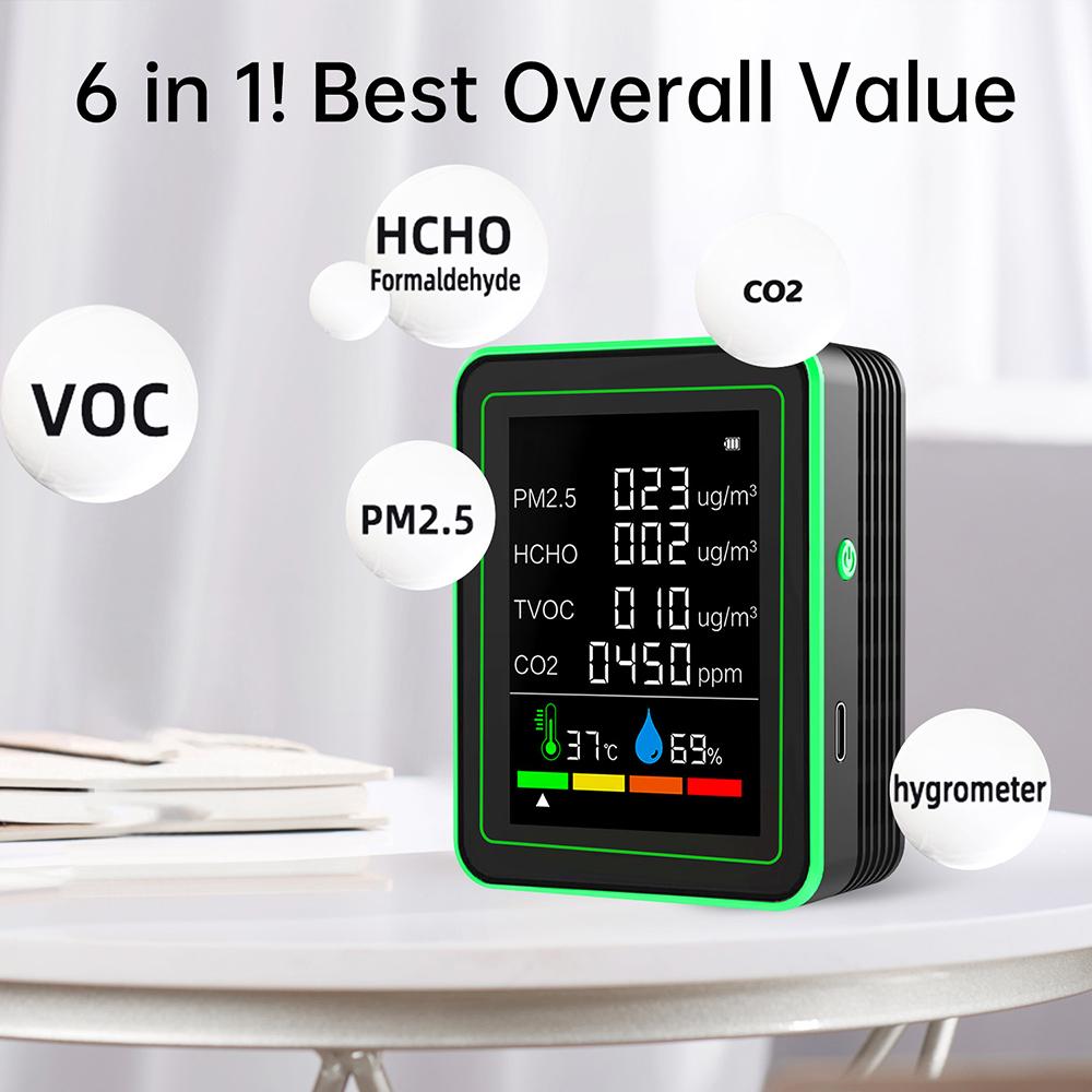 6-in-1 Kohlendioxid-Detektor Formaldehyd-Erkennung TVOC PM2.5 Temperatur Luftfeuchtigkeit CO22 Luftqualitätsmonitor