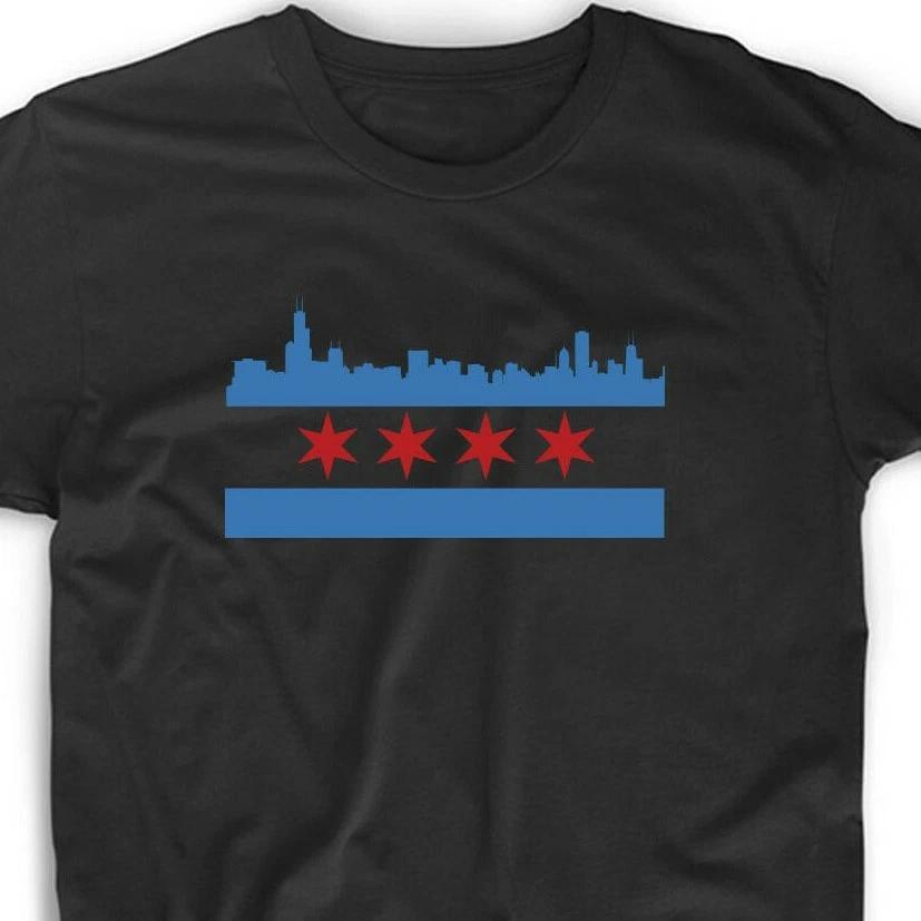 Chicago Skyline Flag Tee T Shirt Illinois Chi Town Baseball Football Gift Funny 3XL