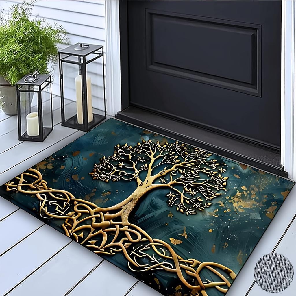 Life Tree Pattern Welcome Mat, Crystal Velvet Fabric, Silicone Backing, Rectangular Non-Slip Washable Entrance Carpet for Home, Bathroom Decor