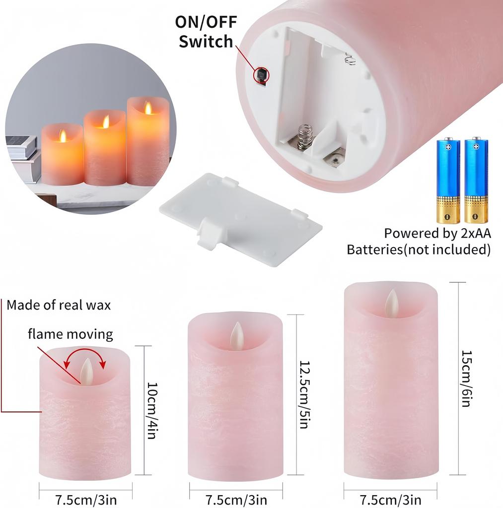 Set of 3 Flickering Flameless Pink LED Candle Battery Operated W/timer Remote Control Velas Artificiales Para Decor Paraffin Wax