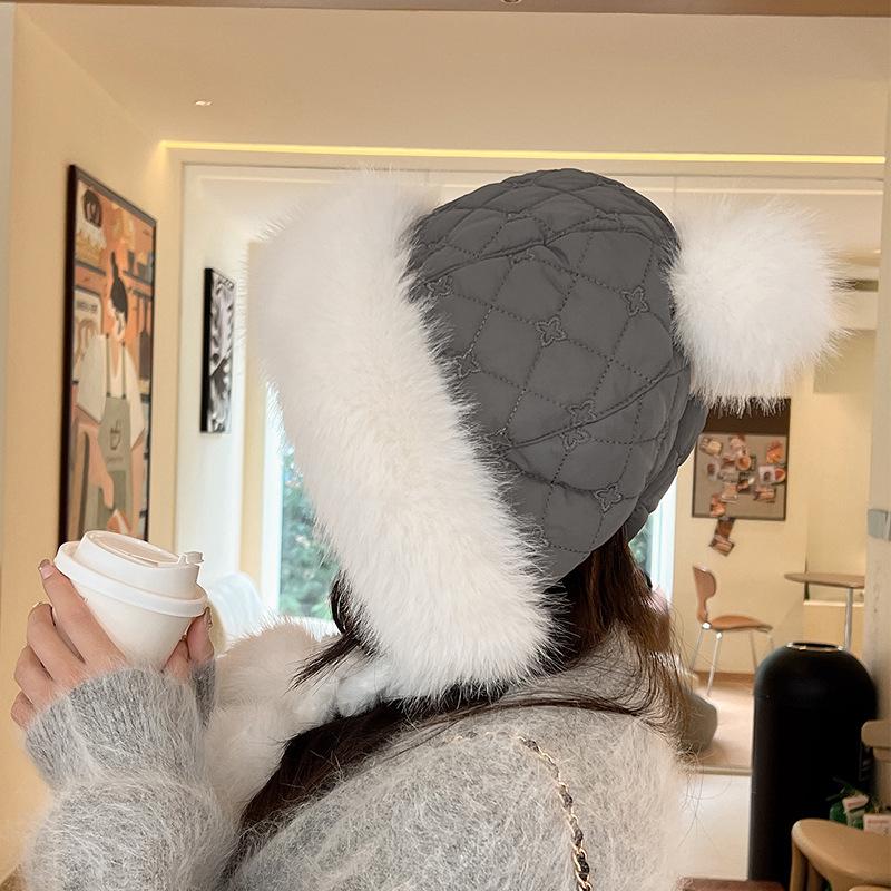 Korean Style Warm Lei Feng Hat for Women In Autumn and Winter Fur Ball Ears Plush Hat Plus Velvet Thickening Cycling Ear Protection Hat