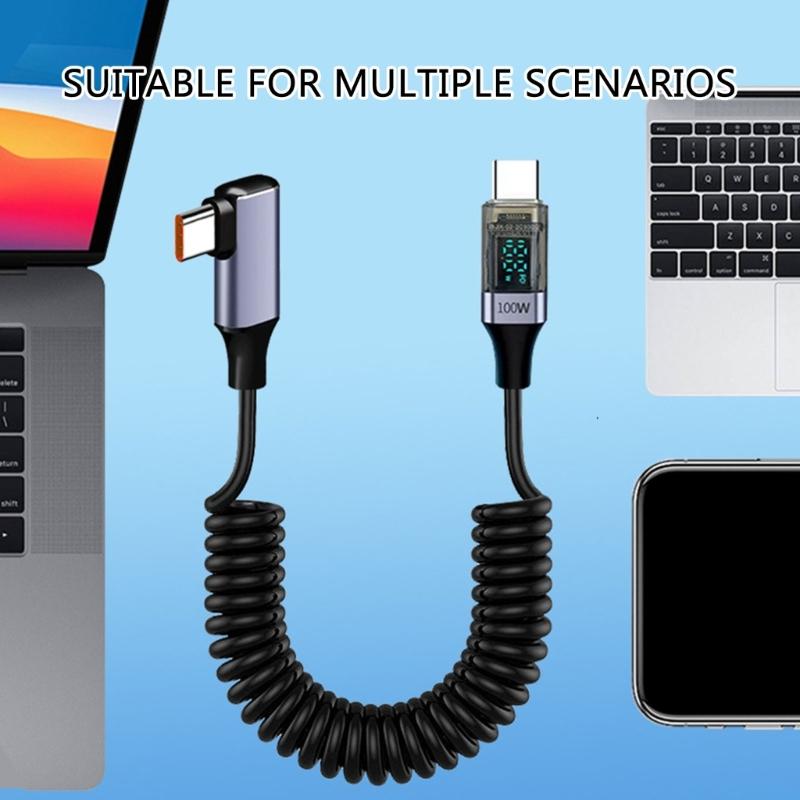 USB Typ C Federdatenkabel 90-Grad-Winkelstück PD100W Schnellladekabel mit Digitalanzeige für Laptops Tablets Telefone