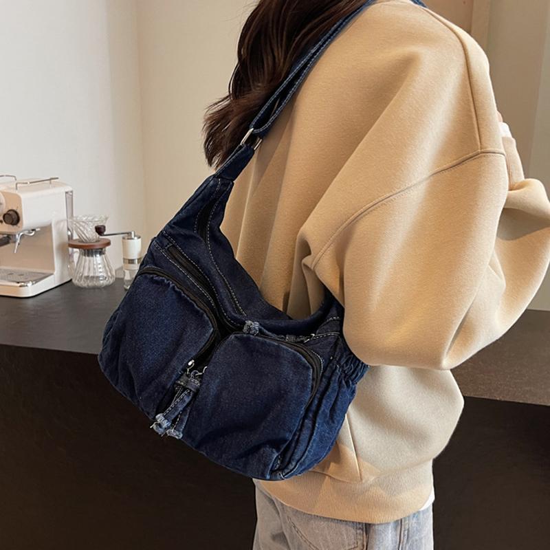 Vintage Denim Shoulder Bag Women's Large Capacity Messenger Bag Multi-pockets Satchel Bags Adjustable Strap Ladies Crossbody Bag