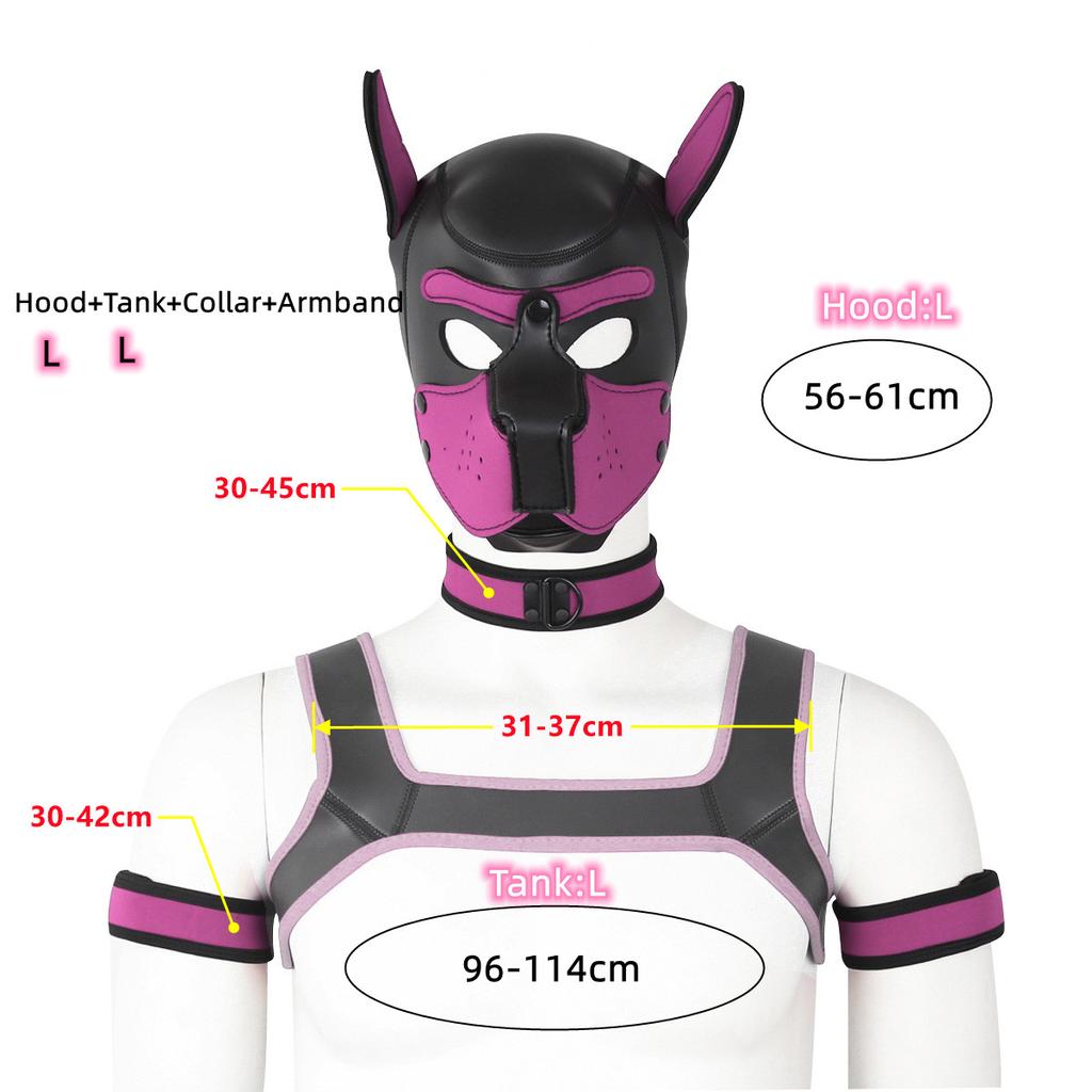 XL Large Size Cucciolo Cosplay Neoprene Fetish Hood Maschera Kit con fascia toracica Collare Fascia da braccio Costumi sessuali per BDSM Ruolo schiavo