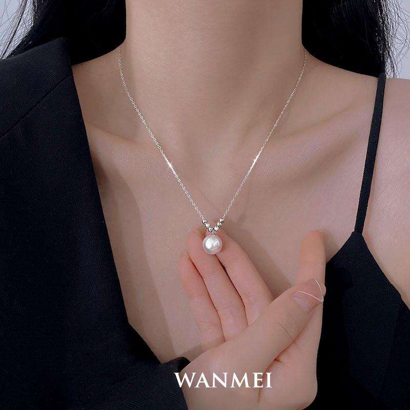 S925 Sterling Silver Shijia Single Pearl Necklace Women's Spring and Summer Round High-end Clavicle Chain Does Not Fade