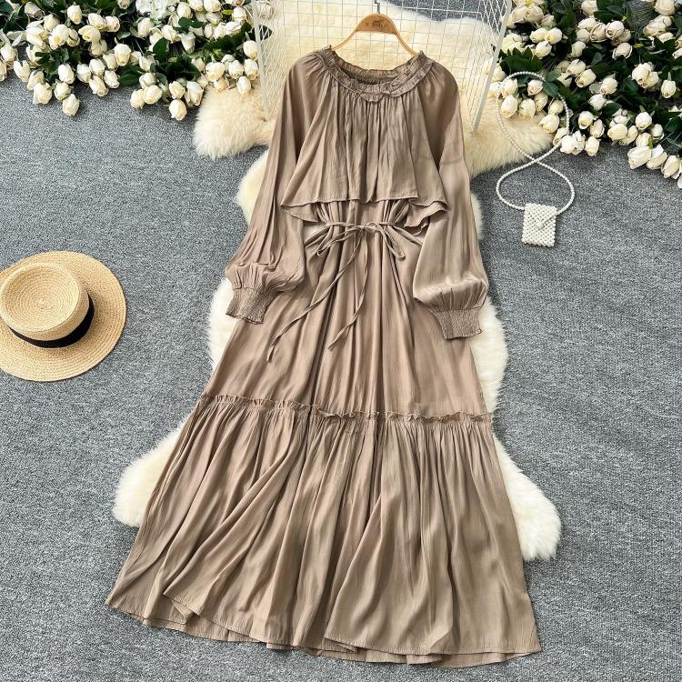 French Vintage Evening Dress Elegant Asymmetrical Ruffle O Neck Long Sleeve Lace Up Spliced Chic High Street Autumn Clothing