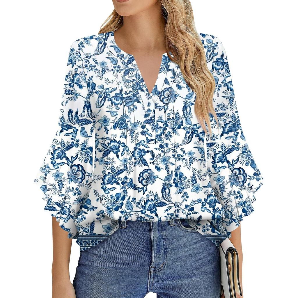 Dámská móda Ležérní plisované tričko s výstřihem do V, jednobarevné, tříčtvrteční rukáv, elegantní top