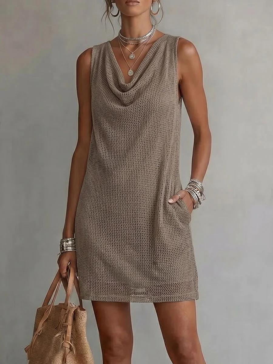 Damen Freizeit Ärmelloses Strickkleid mit Wasserfallausschnitt Lockerer Schnitt Sommer Mini-Kleid mit Taschen L khaki