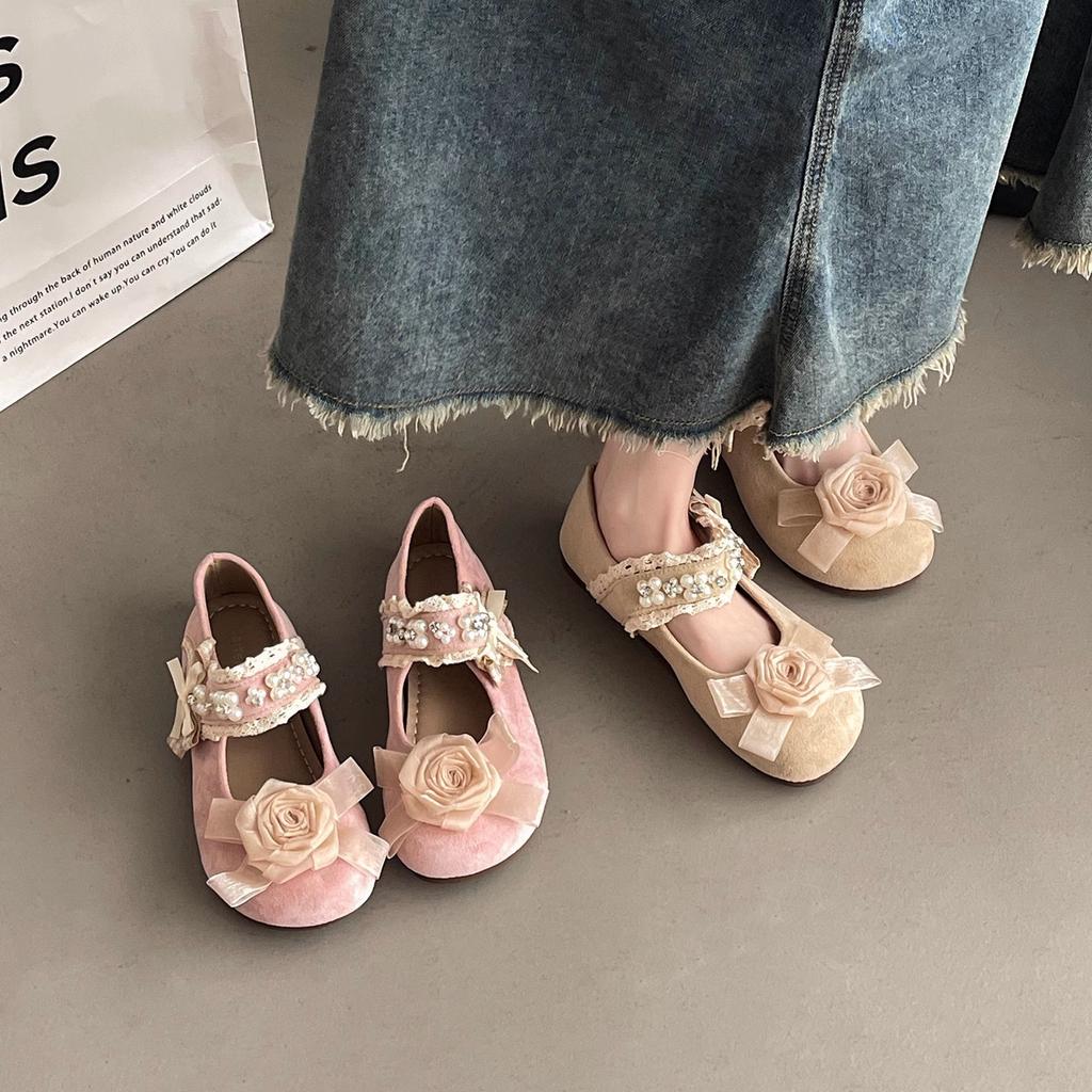 Velcro Pearl Mary Jane Shoes Women's Spring and Summer Casual Not Tired Feet Soft Sole Outer Wear Temperament Fairy Style Evening Single Shoes