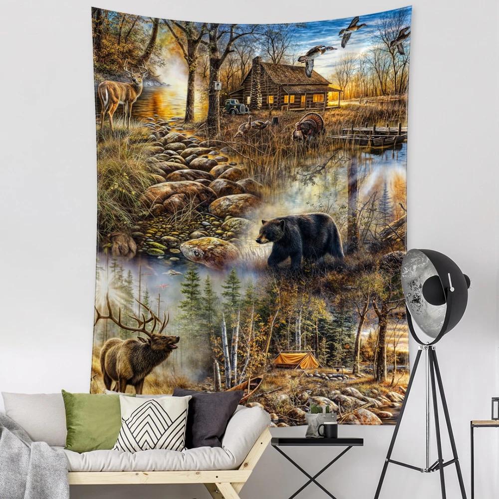 Brown Bear And Elk Forest Cabin Tapestry Wall Hanging Modern Art Landscape Hippie Bohemian Living Room Bedroom Home Decor