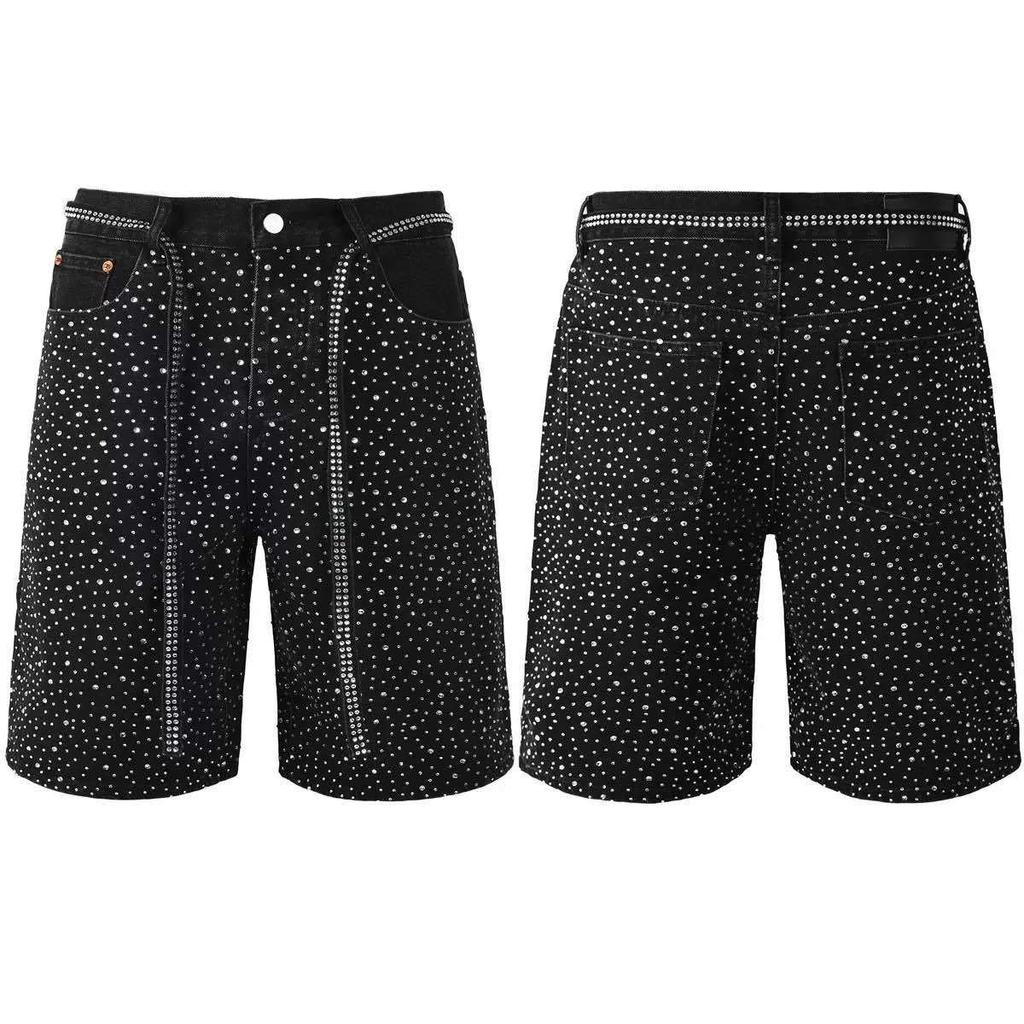Unisex High Street Distressed Black Full Of Rhinestones Stretch Ripped Loose Jeans Women Denim Short Pants