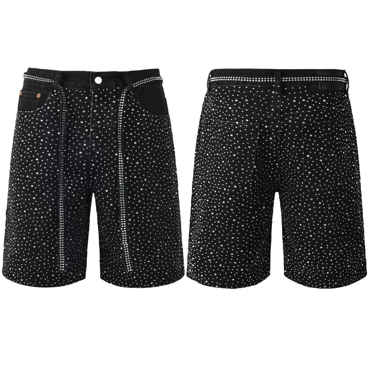 

Unisex High Street Distressed Black Full Of Rhinestones Stretch Ripped Loose Jeans Women Denim Short Pants XXL чорний
