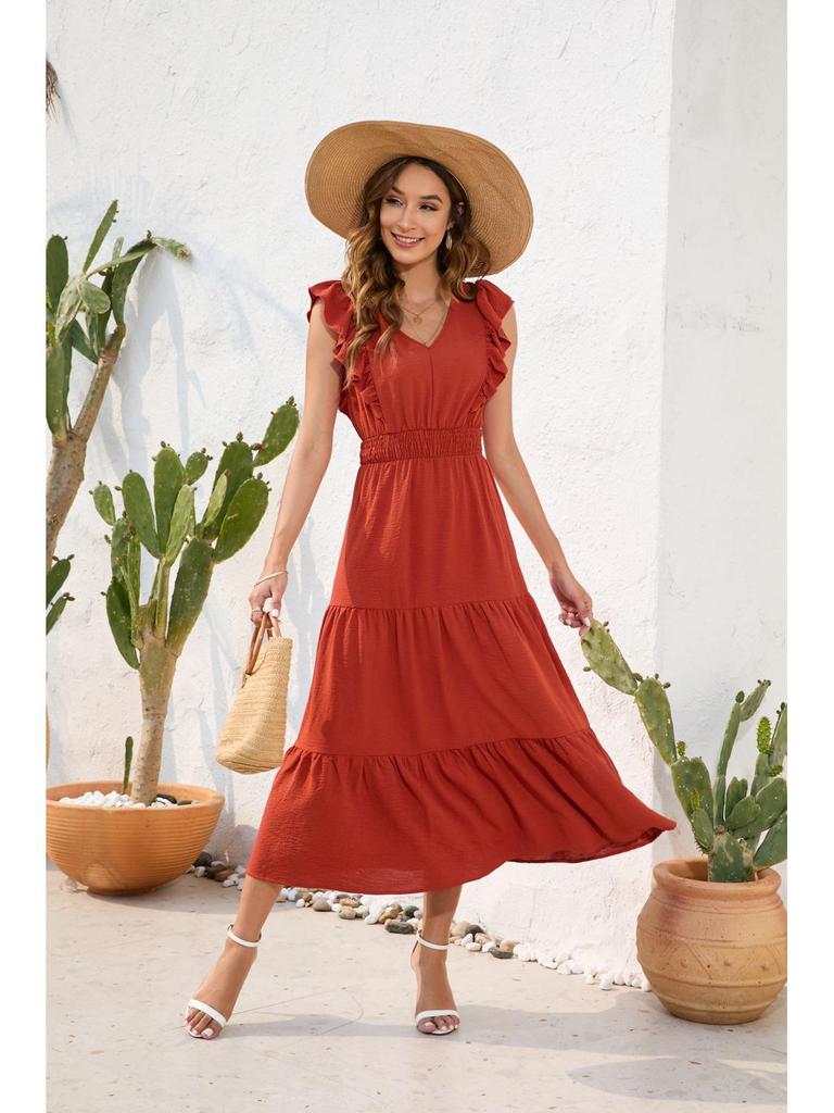 "V-Neck High Waist Layered Maxi Dress - Casual Holiday Travel"
