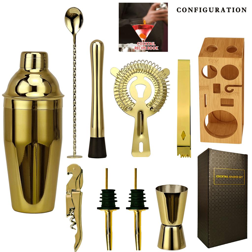 Rose Gold Stainless Steel Trapezoidal Bamboo Frame Mixer Set Bar Mixer Tool 10-Piece Cocktail Mixer Cup