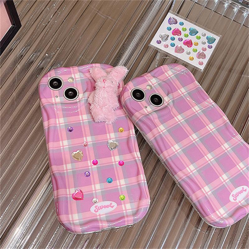 Korejský roztomilý mřížkový vzor diamantové srdce pouzdro pro iPhone 14 13 12 11 Pro Max 3d plyšový krásný králík nárazuvzdorný měkký kryt Funda
