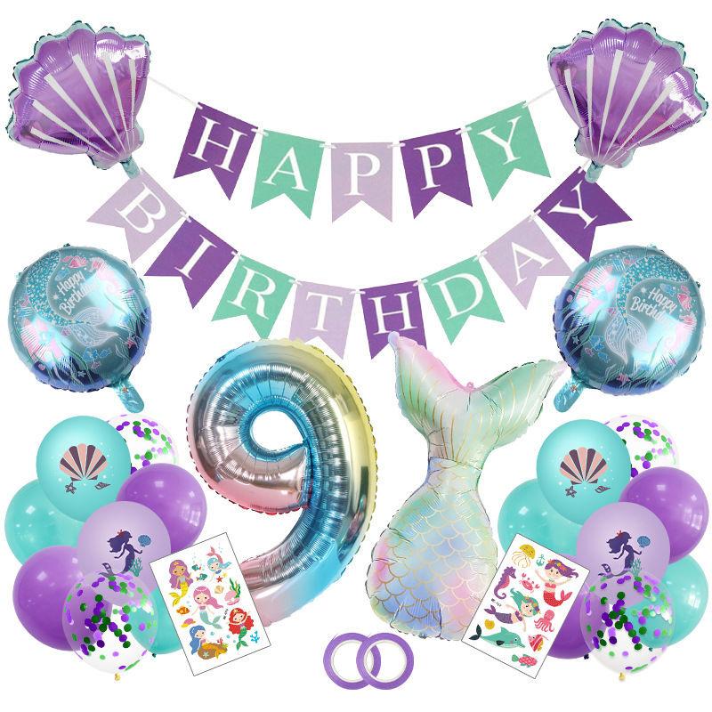 Fashionable Mermaid-themed Children's First Birthday Party Decoration Mermaid-printed Latex Banner Sticker Set
