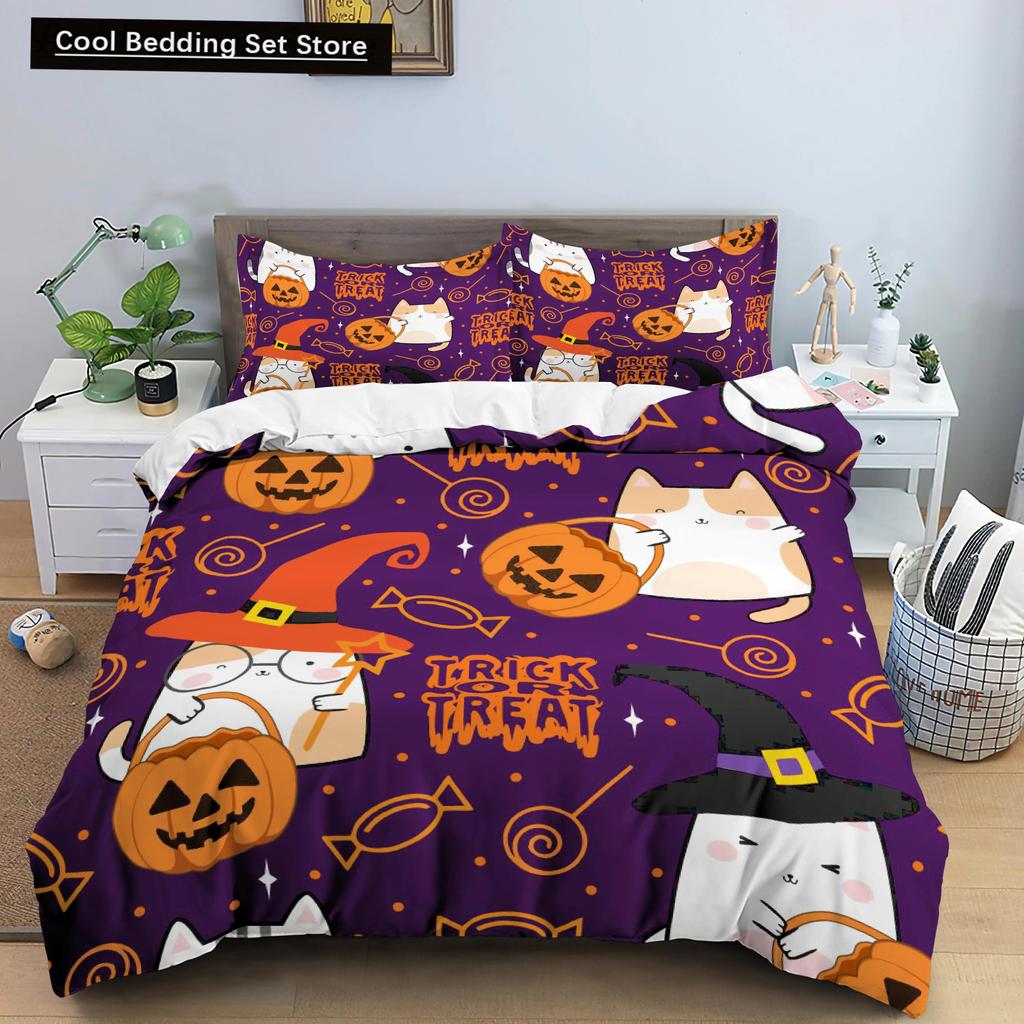 Happy Halloween King Queen Duvet Cover Orange Pumpkin Bedding Set Kids Teens Adults Bats Horror Festival Polyester Quilt Cover