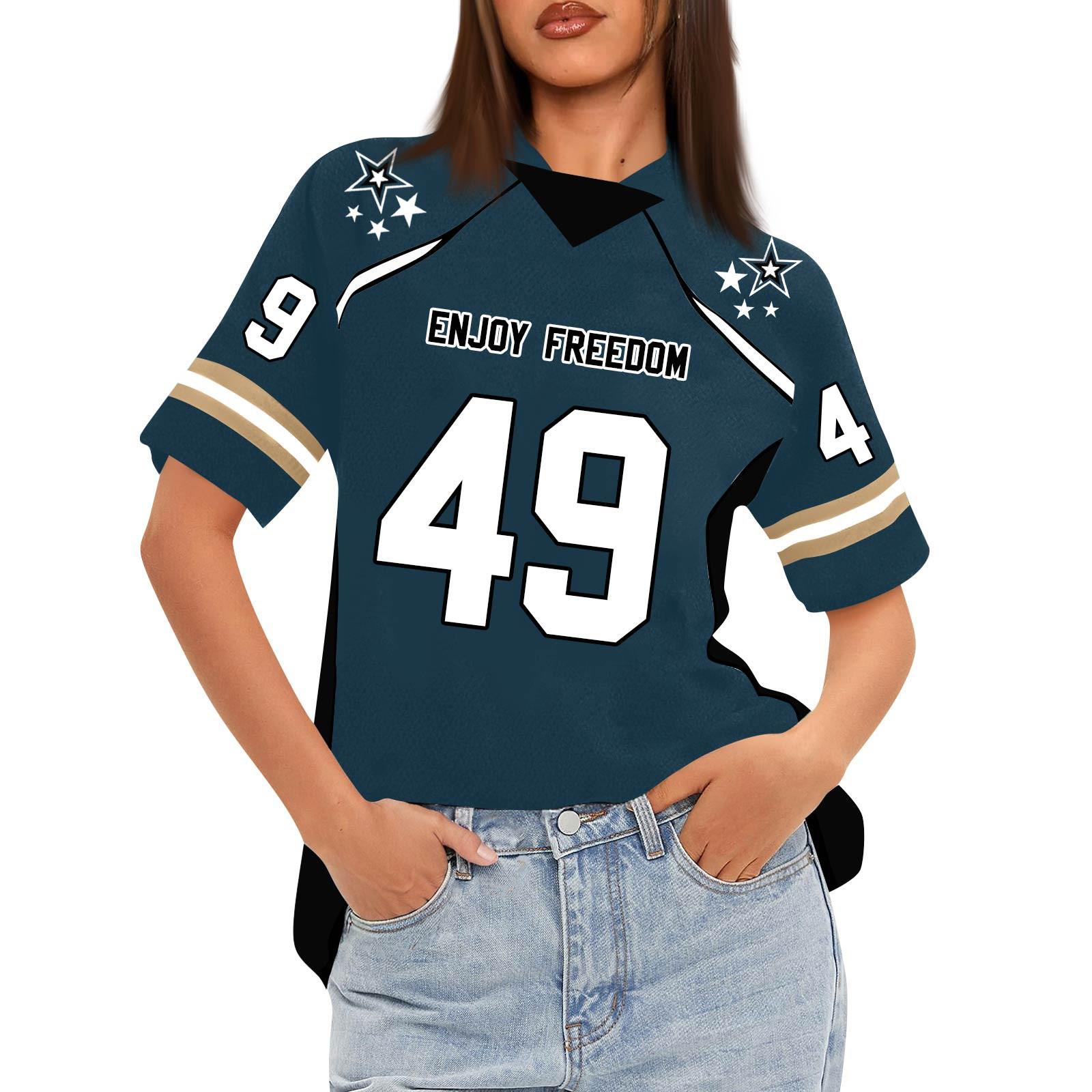 

Women s Oversized Short Sleeve Mesh Football Jerseys Shirt V Neck Graphic Top Tee M