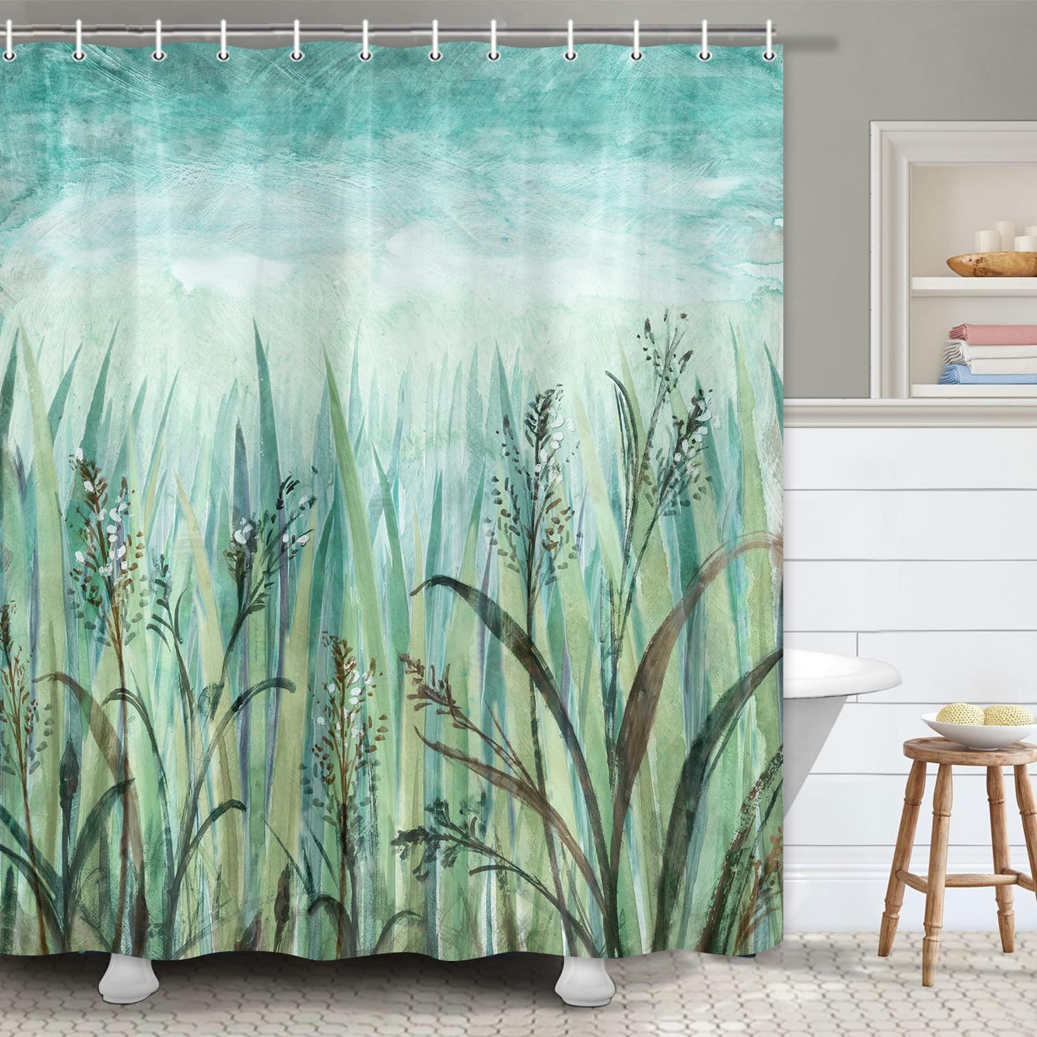 

JAWO Занавеска для душа для ванной комнаты, Зеленые листья эвкалипта Весенний акварельный растительный мотив Моющаяся тканевая занавеска для душа, Декоративная ботаническая