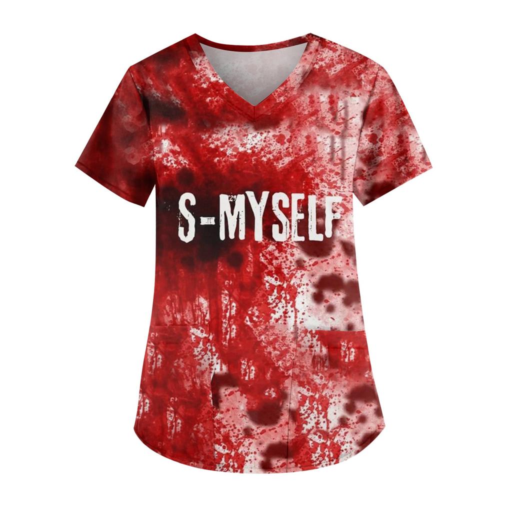 Women's Fashion V-Neck Short Sleeve With Pocket Halloween Printed T-Shirt Top