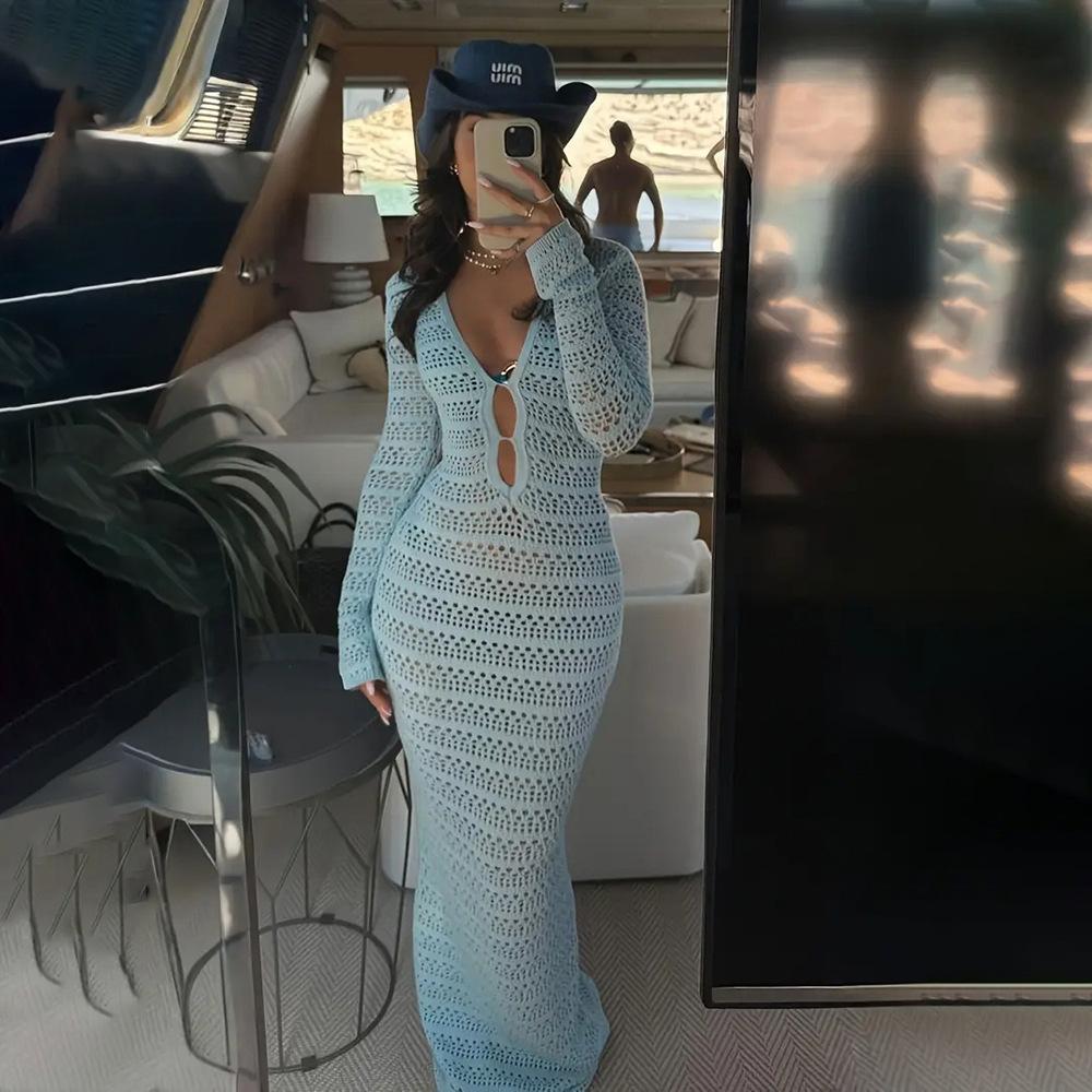 

Summer V-Neck Beach Skirt Women S Solid Color Sexy Knitted Cut-Out Beach Bikini Swimsuit Women S Dress S синий