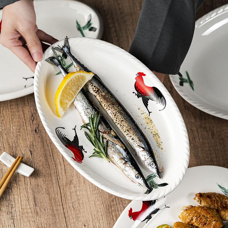 Rooster Series Nostalgic Oval Ceramic Serving Plate