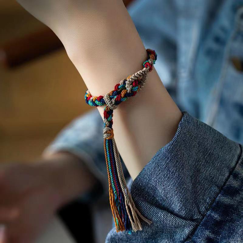 Tibetan Handmade Multicolor Braided Cotton Bracelet, Adjustable Ethnic Style Jewelry Gift.
