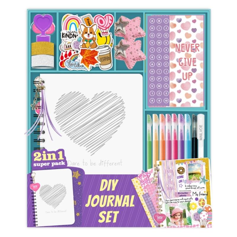 

Creative Journal Craft Set Includes Notebook Scrapbook Cartoon Sticker Decorative Tape Colored Gel Pen for Girls 4-12 1