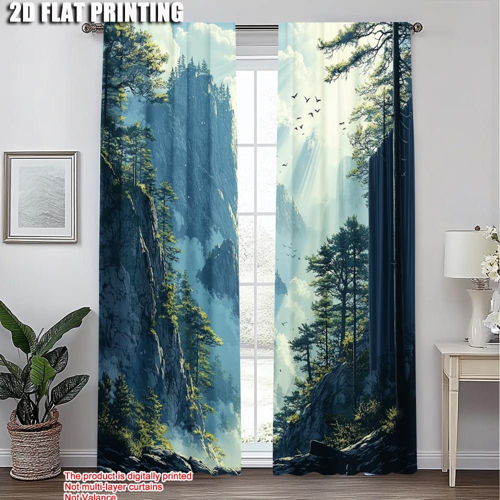 Set Of 2 Print Curtains Forest Mountain Scenery Versatile Polyester Without Rod All Seasons Use Bedroom Made Decor Window Treatment