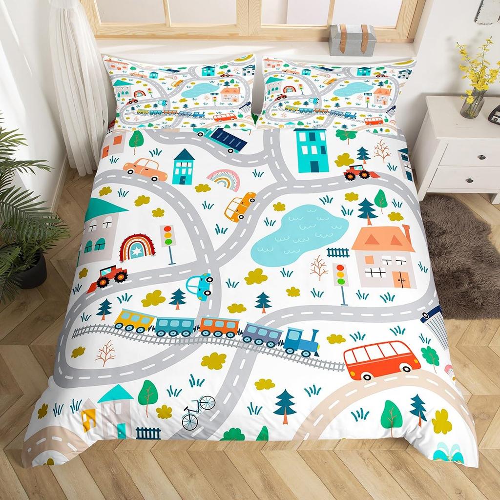 Cartoon Car Duvet Cover Transport Vehicle Motorcycle Toy Automobile Bedding Set Traffic Track Comforter Cover for Boys Teens