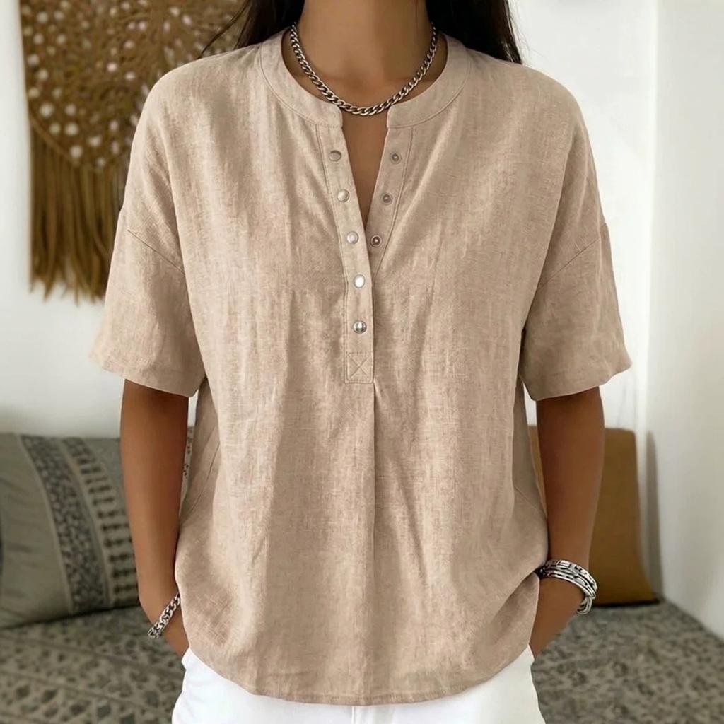 Women's Linen Blend Henley Neck Short Sleeve Casual Shirt
