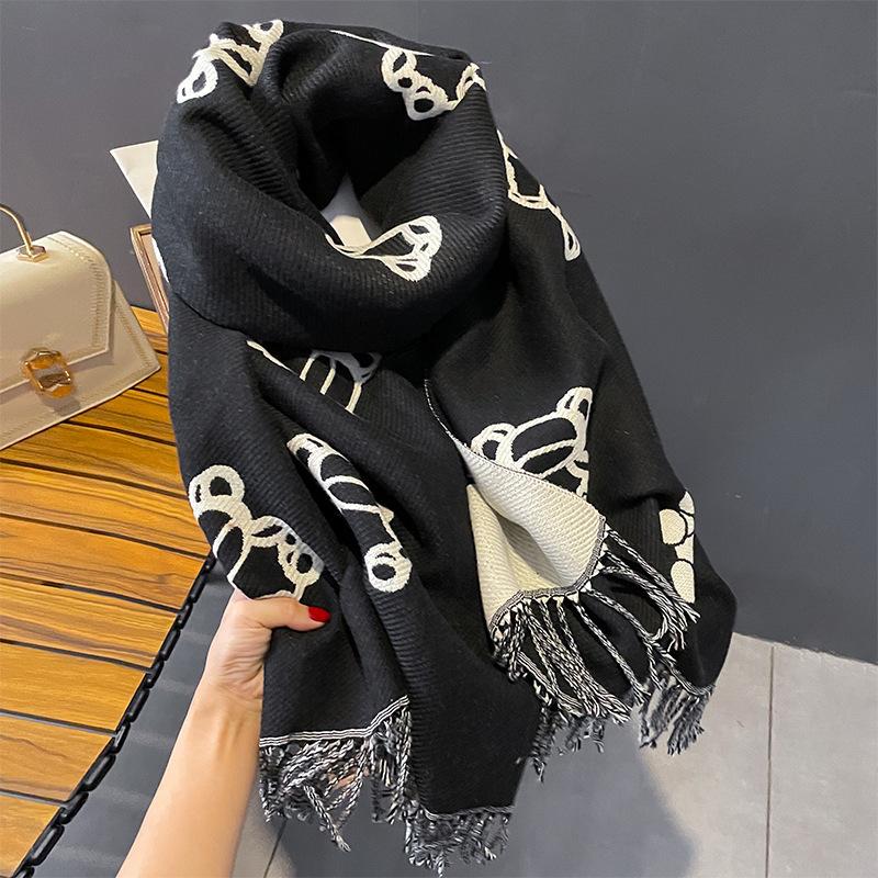 

New Line Bear Imitation Cashmere Scarf for Women Korean Version Winter Cute All match Scarf To Keep Warm and Cold Plus Velvet Shawl 185cm