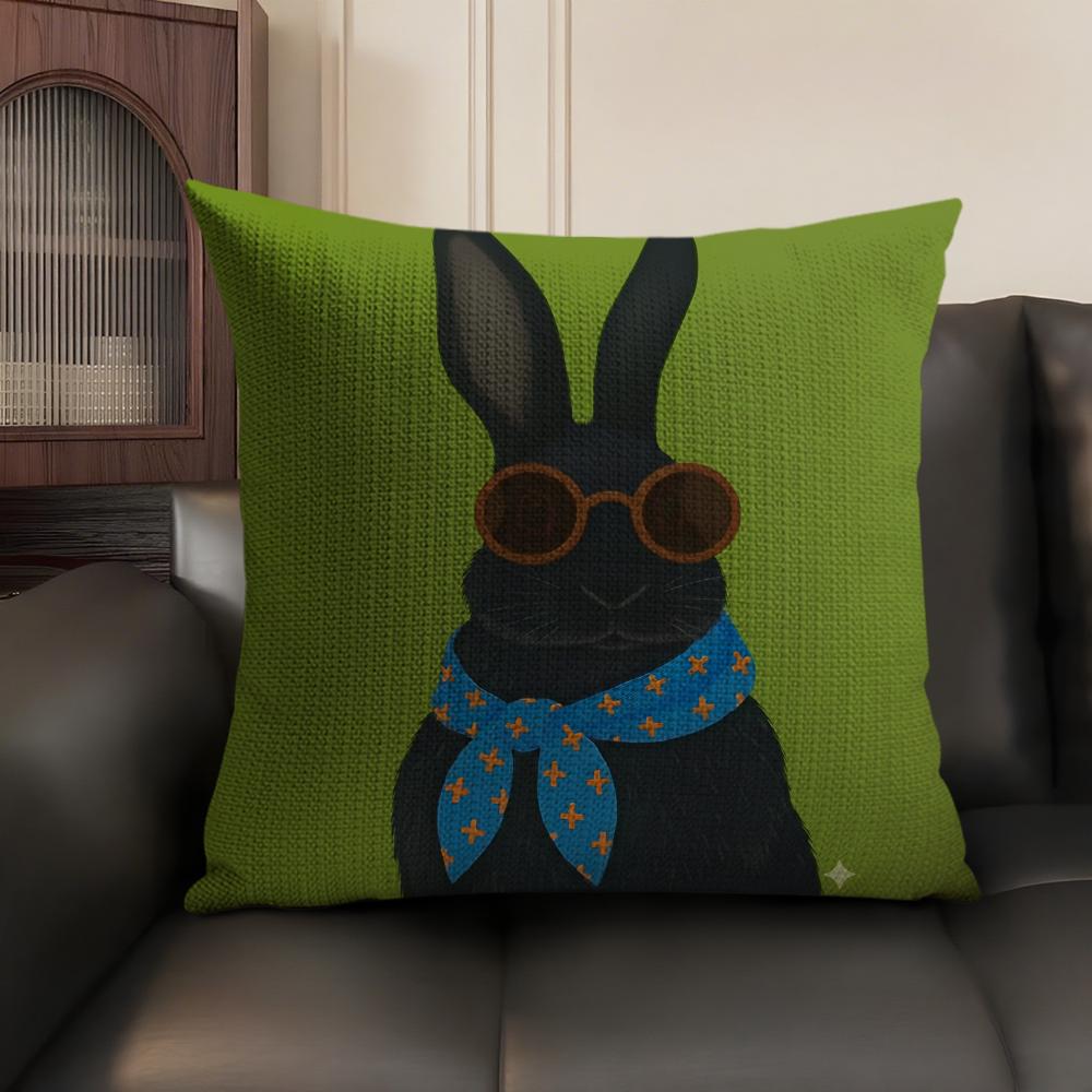 Cute Rabbit Art Cushion Cover Summer Breathable Linen Organic Fabric Double-Sided Printing Sofa Pillow Case Home Decor