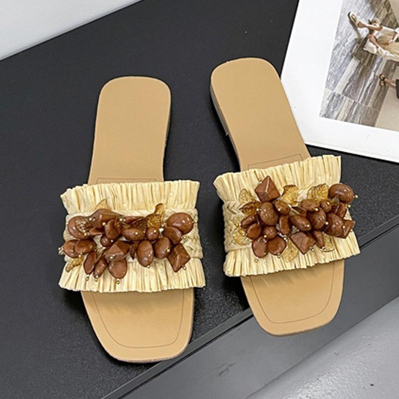 

Мода Liyke Модный дизайн Синие бусины на шнурке Женские плоские шлепанцы Уличные Уютные Квадратный открытый носок Повседневные Шлепанцы Обувь Zapatos Mujer 35 коричневый