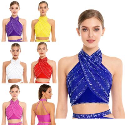 Dam Latin Dans Topp Halter Ärmlös Strappy Rygglös Design Glänsande Strass Korsad Framsida Rynkad Mesh Crop Top