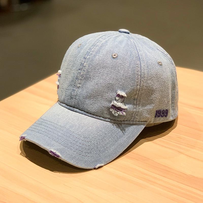 Verstellbare ausgefranste Denim-Baseballkappe Sonnenschutz Unisex Retro Schirmmütze Baumwolle Bestickt Used-Look Blau Casquette