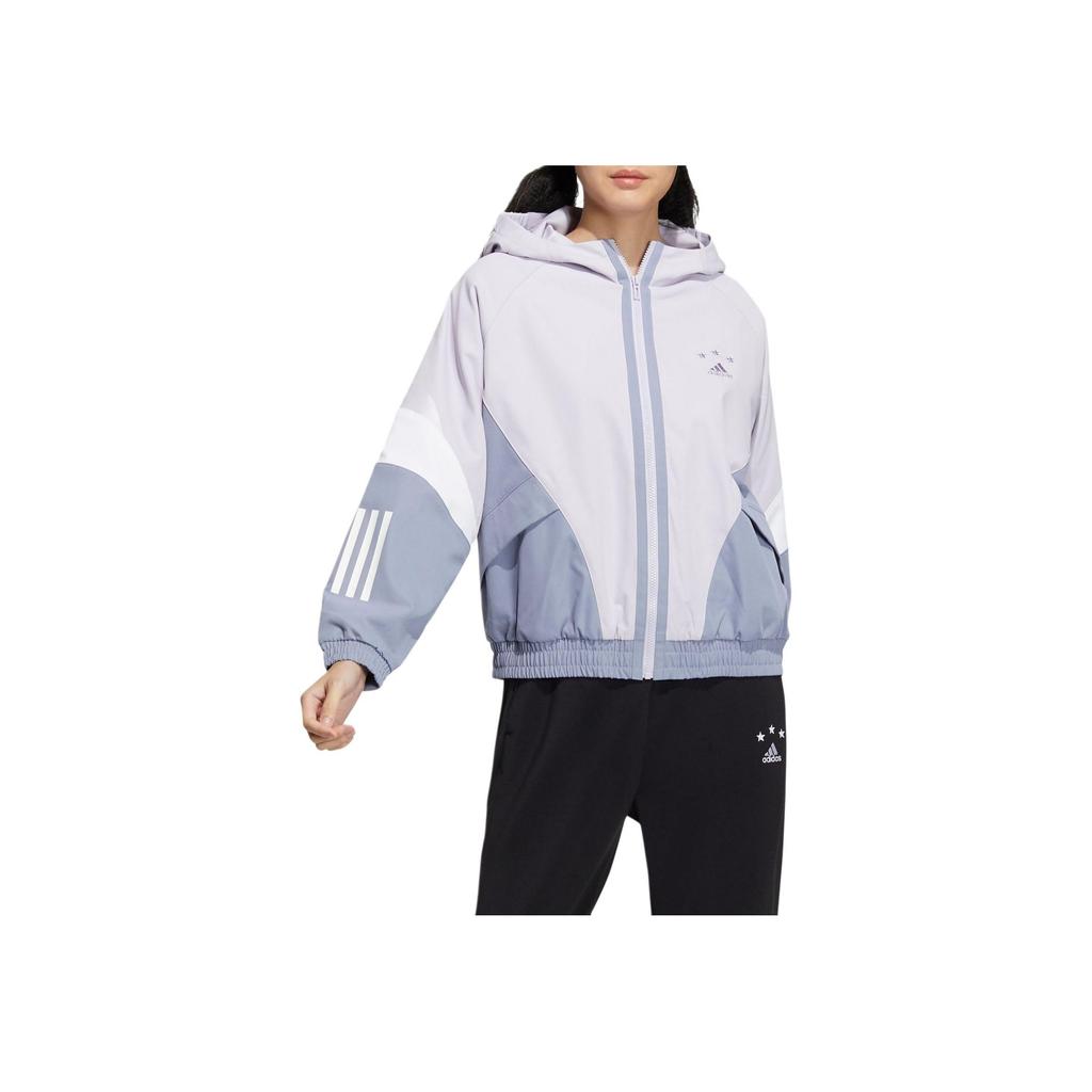 Adidas Woven Jacket Logo Embroidered Striped Long Sleeve Hooded Jacket Women Jackets Light-Purple HY2813