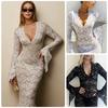 Sexy Deep V Neck Mesh Cutout Bodycon Dress Autumn Winter New Arrivals Lace Floral Ruffle Sleeve Mini Dress