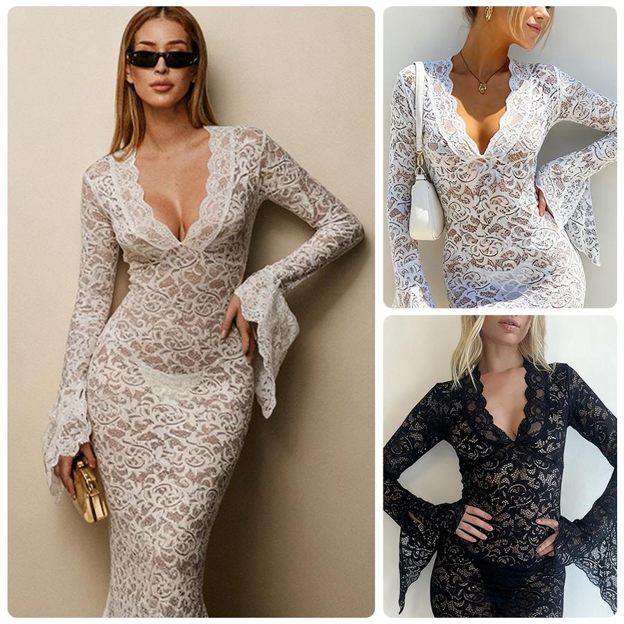 Sexy Deep V Neck Mesh Cutout Bodycon Dress Autumn Winter New Arrivals Lace Floral Ruffle Sleeve Mini Dress